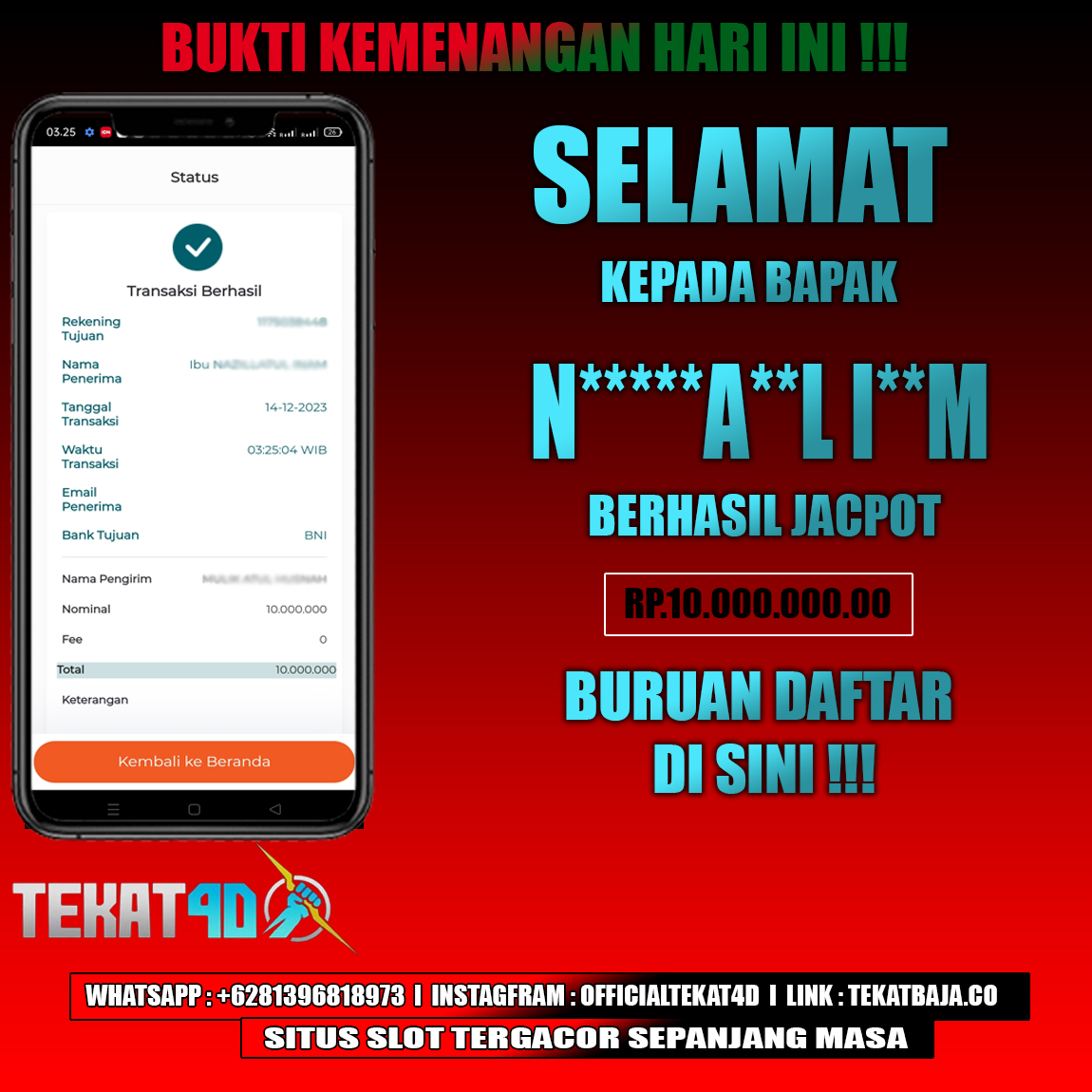 BUKTI KEMENANGAN TEKAT4D 14 DESEMBER 2023